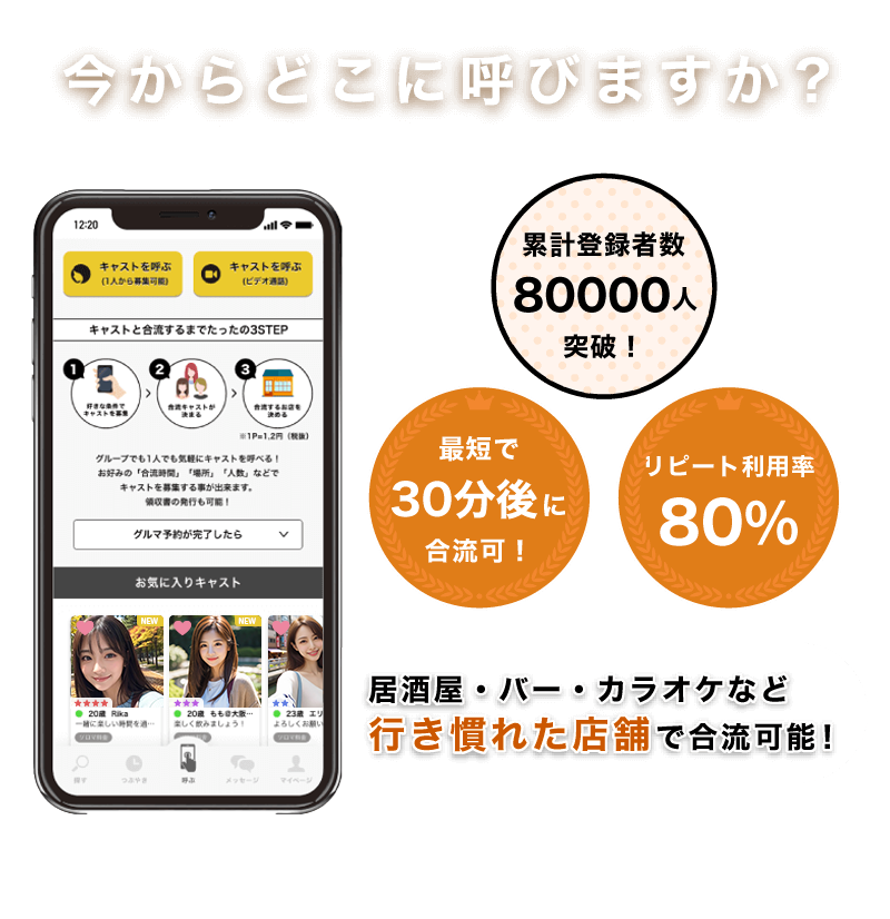 今からどこに呼びますか？居酒屋・バー・カラオケなど行き慣れた店舗で合流可能！累計登録者数8万人突破！最短で30分後に合流可！リピート利用率80%！