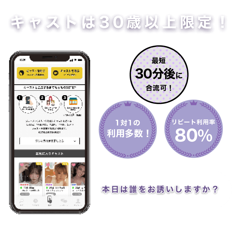 今からどこに呼びますか？居酒屋・バー・カラオケなど行き慣れた店舗で合流可能！累計登録者数8万人突破！最短で30分後に合流可！リピート利用率80%！